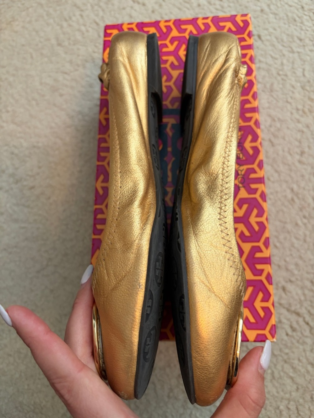 Tory Burch Metallic Gold Logo Reva Ballet Flats 9.5 - Picture 3 of 7